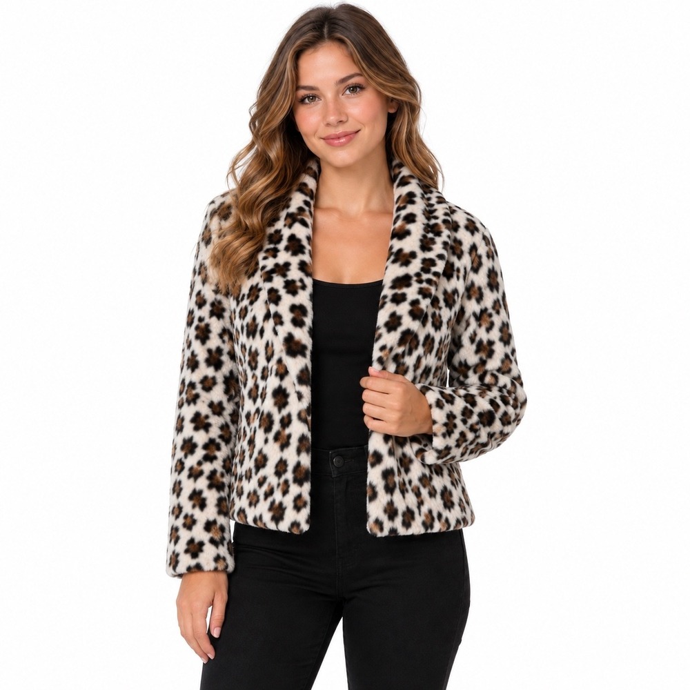 NEW Animal Print Short Plush Faux Fur Open Front Jacket Blazer. XS